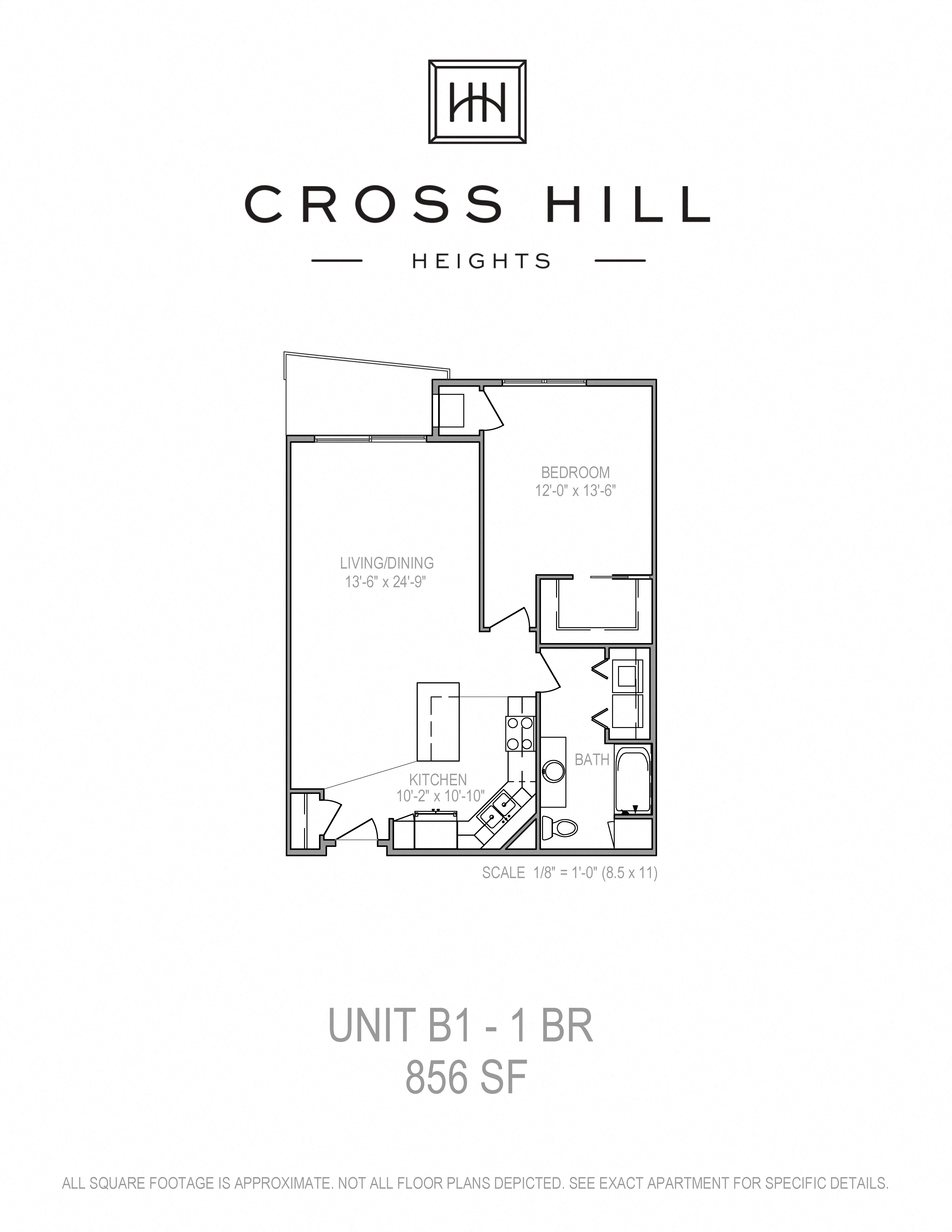 Floor plan for 1 bed, 1 bath, 856 sqft